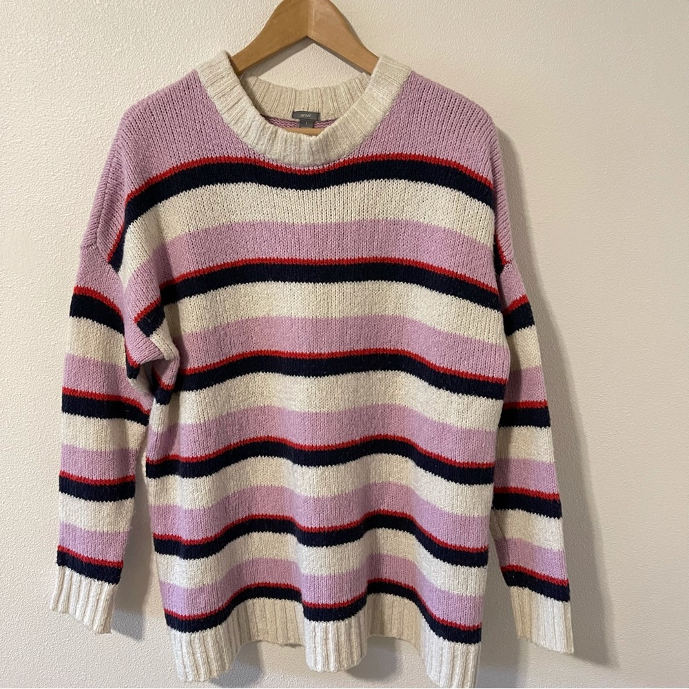 Aerie Oversized Slouchy Retro Stripe Crewneck Sweater Purple Navy White-S